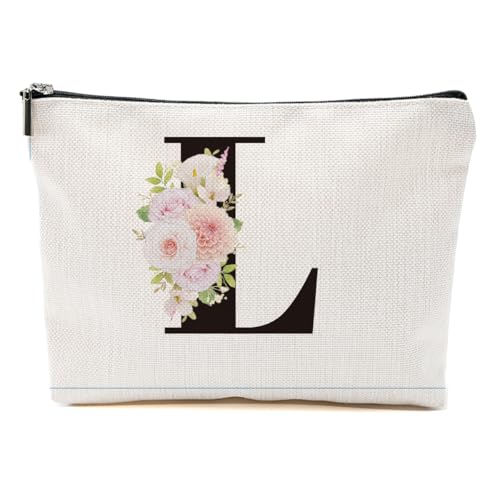 Initial L Rose Makeup Bag - Monogrammed Linen Travel Toiletry Pouch