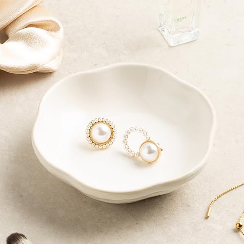 White Ceramic Jewelry Tray - Floral Ring Holder for Women