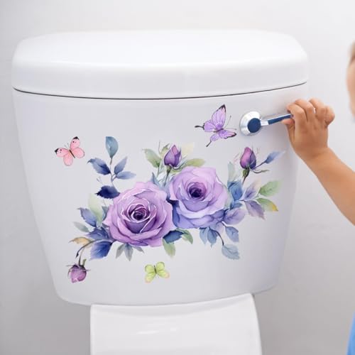 Purple Flowers Butterfly Toilet Seat Stickers - Waterproof & Removable