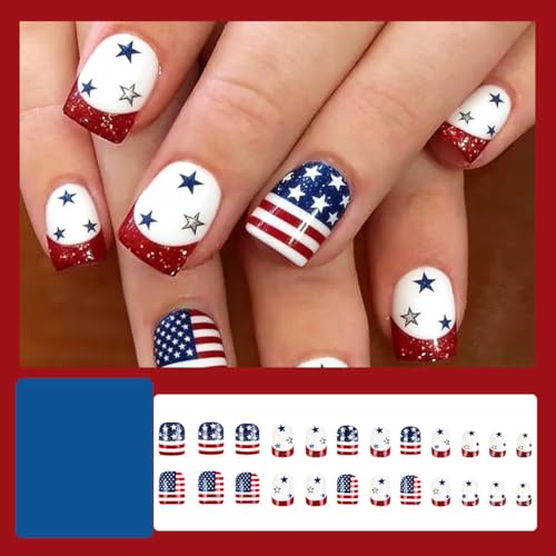 QUNQINLI Independence Day Press On Nails Short Square Star Striped Red Glitter False Nails