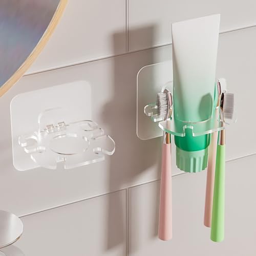 Clear Wall Mounted Toothbrush Holder 2 Pack - No Drill, Waterproof Organizer