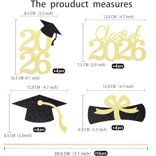 2026 Graduation Decorations - Black & Gold Glitter Centerpieces