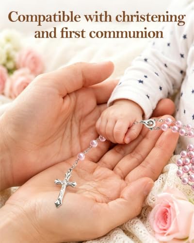 Pink Baptism Keepsake Rosary and Wooden Box Gift for Girls
