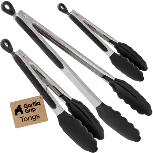 Gorilla Grip Stainless Steel Kitchen Tongs Set 7/9/12 Inch with Silicone Edges, Black