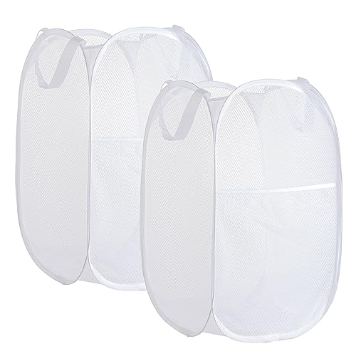 Collapsible Mesh Laundry Basket - 2 White Pop-Up Hampers for Easy Storage