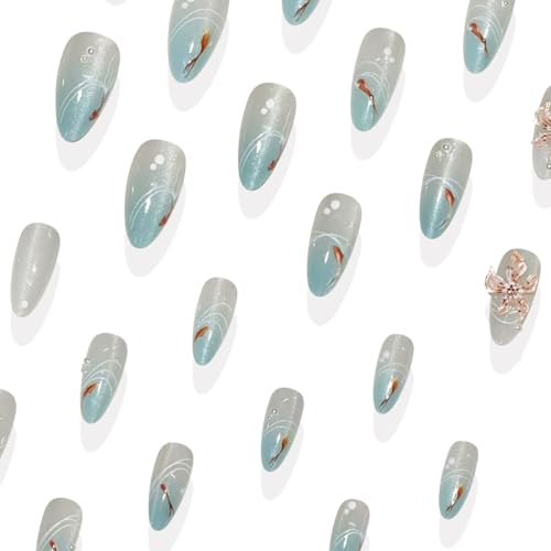 Blue French Tip Press On Nails with 3D Hibiscus Flower Charms