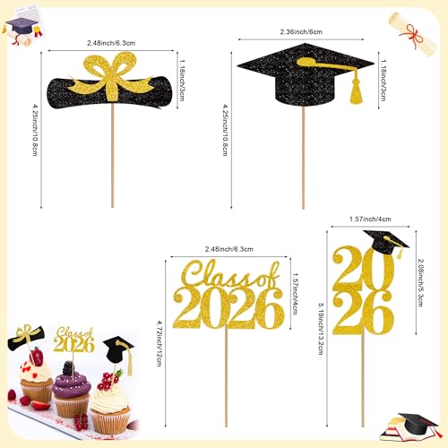 Graduation Cupcake Toppers 2026 - 24 Pack Gold Glitter Decor