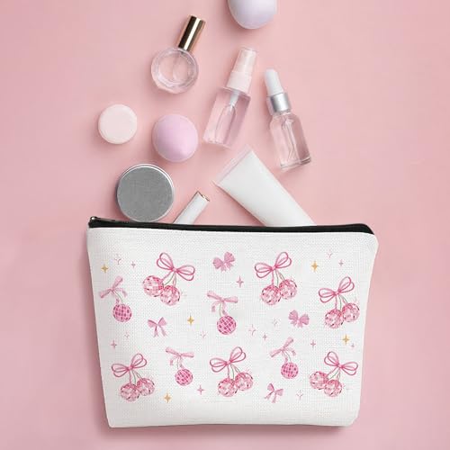 Pink Bow Makeup Bag Waterproof Linen Travel Cosmetic Pouch for Women
