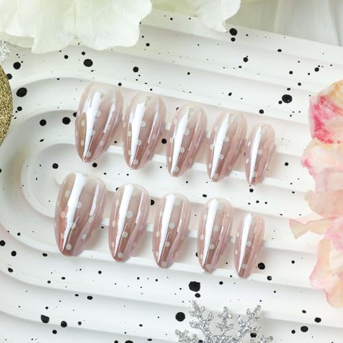 Short Almond White Polka Dot Press on Nails Glossy Fake Nails Kit