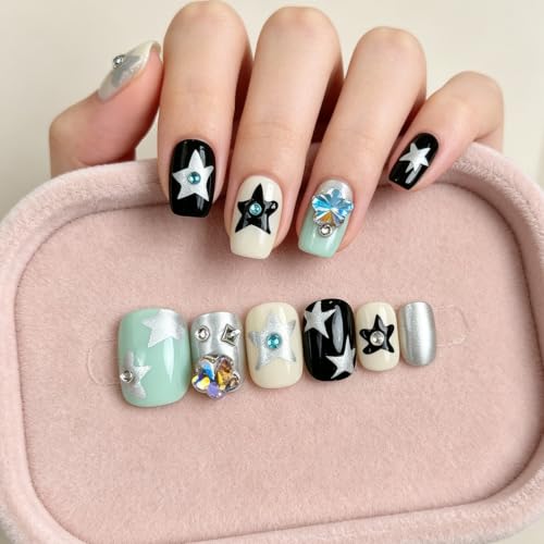 Y2K Short Square Press on Nails with Silver Star Rhinestones, 24 Pcs