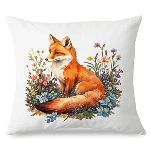 JINYO Floral Fox Pillow Covers 18x18 Inches, Soft Flannel Botanical Decor