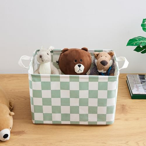 Sage Green Checkered Canvas Storage Basket - 15" x 10" x 10"