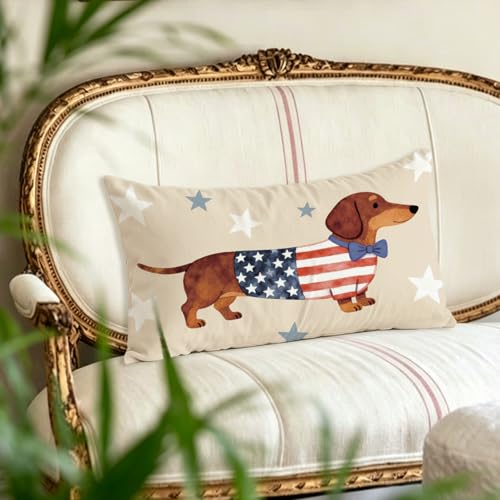 Patriotic USA Dachshund Lumbar Pillow Cover 12x20 - Americana Dog Decor