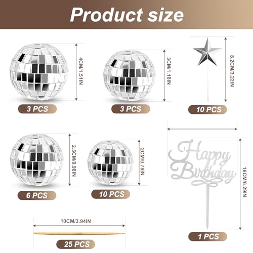 33pcs Disco Ball Cake Toppers with Happy Birthday & Star Picks Party Decor