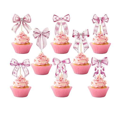 32PCS Pink Bow Cupcake Toppers for Birthday & Baby Showers