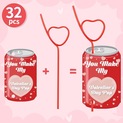 Valentine's Day Cards with Straws - 32 Pack for Kids Gifts