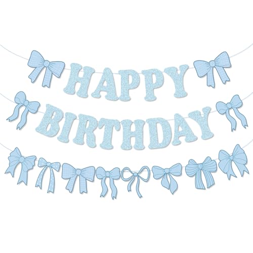Blue Bow Happy Birthday Banner Set - Pre-Strung Glitter Garland