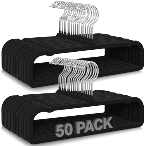50 Pack Black Velvet Hangers Non Slip, Felt Pants Hangers Thin Space Saving Clothes Hanger Flocked Strong Durable Ganchos para Colgar Ropa with 360°Swivel Hook for Pants Jeans Shorts Skirts Tank Top