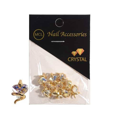 MEILINDS Gold Snake Nail Charms with Iridescent Heart Rhinestones 10PCS 3D Alloy Nail Gems for Acrylic Nails DIY Nail Art Decorations