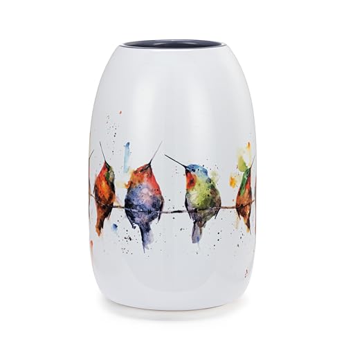 DEMDACO Dean Crouser Collection Watercolor Hummers On A Wire Colorful 7 x 4.5 Stoneware Decorative Bud Floral Flower Vase Container Vessel