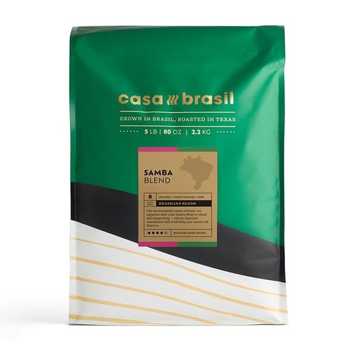 Casa Brasil Samba Blend Whole Bean Coffee – Medium Dark Roast – Chocolate, Toasted Almond, and Malt – Brazilian Specialty Coffee – 5lb Bag