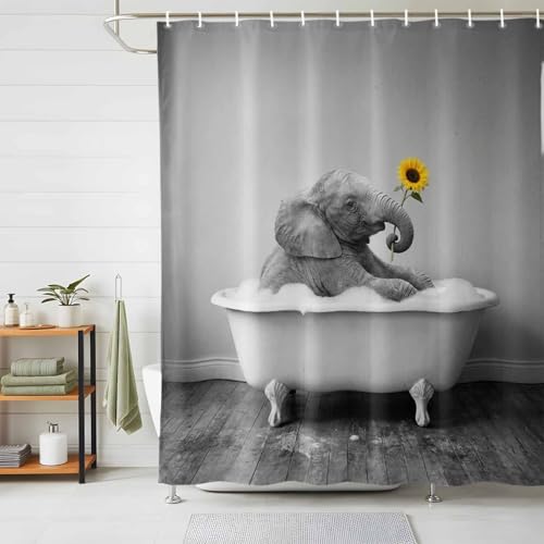 Funny Grey Elephants Shower Curtain - 72x72 Inch Waterproof Fabric Bath Set