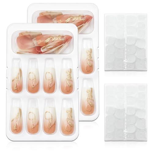 Yellow Ombre Medium Square Press On Nails with White Curve Lines & Gold Glitter (48PCS)