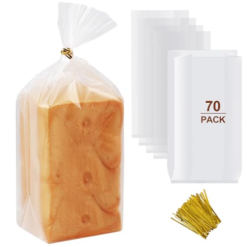 vivinin 70 Pack Clear Bread Bags with 100 Ties, 8" x 4" x 18"