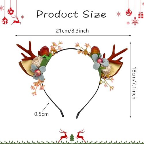 Christmas Reindeer Antlers Headband, Floral Deer Ear Headpiece with Flowers and Berries