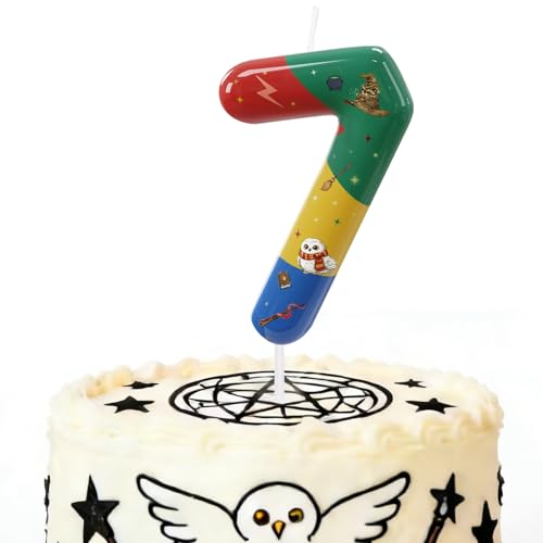 Magical Wizard Number 7 Birthday Candle with Owl & Broomstick