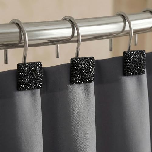 Black Crystal Shower Curtain Hooks - 12Pcs Sparkly Diamond Rings