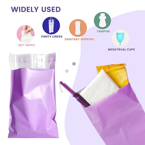 JoseHana 100 Pcs Purple Sanitary Disposal Bags, Self-Sealing Hygiene Pouches