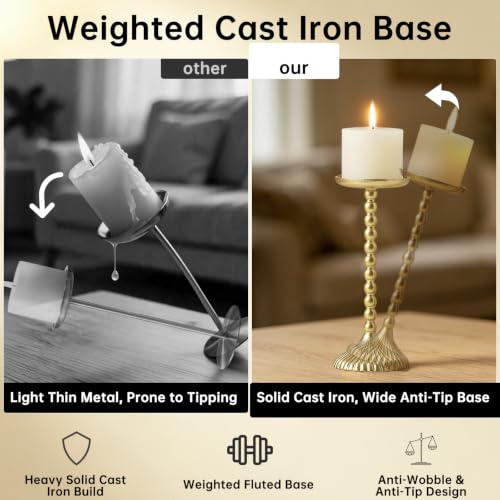 Vintage Gold Cast Iron Pillar Candle Holder Set - 3 Piece, Graduated Heights