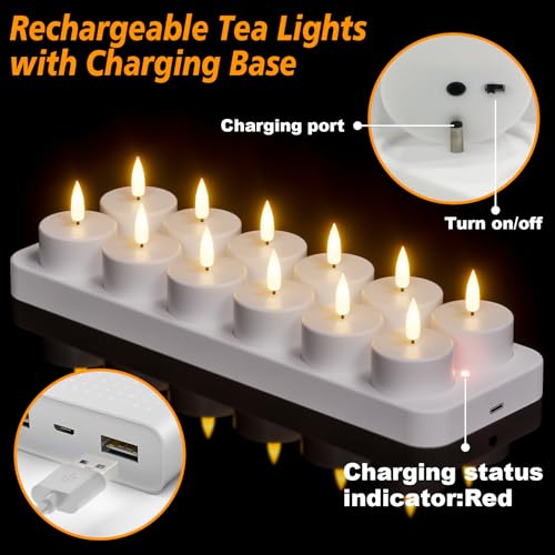 Rechargeable White Tea Lights Candles with Remote & Timer - Set of 12