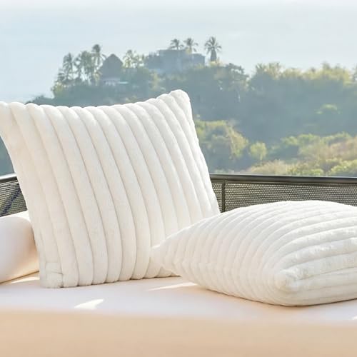 Bedsure Fleece Striped Throw Pillow Covers, Off White, 18x18 - Set of 2