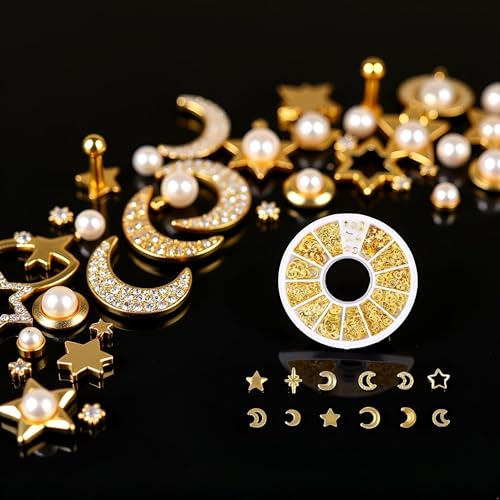Tnyvm Gold Nail Charms Set with Rhinestones Pearls and Metal Studs 3D DIY