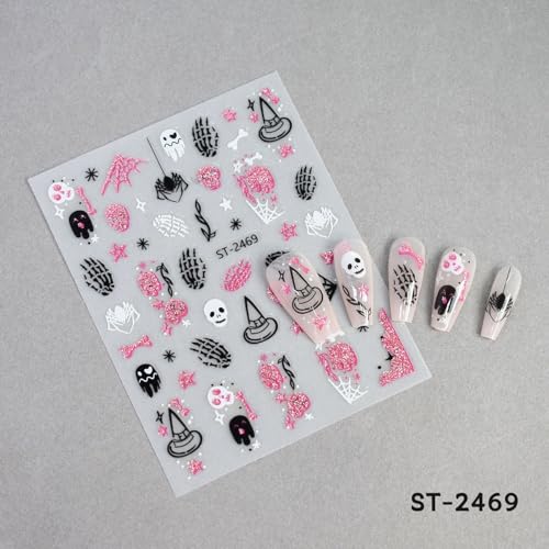 NSSHEL 6 Sheets Halloween Nail Stickers Spider Web Ghost Skull 3D Self-Adhesive