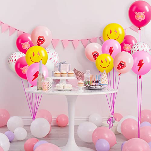 50Pcs Hot Pink Y2K Party Balloons with Smile Faces & Lightning