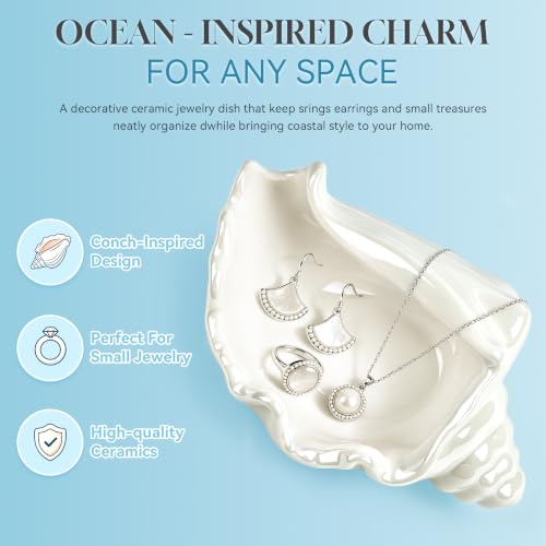 PUDDING CABIN White Conch Shell Jewelry Dish - Coastal Beach Vanity Ring Holder - Conch-White