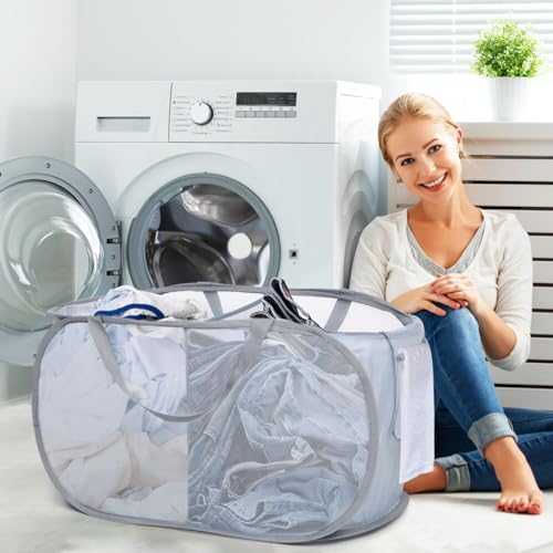 Bemkoo 2 Compartments Collapsible Laundry Basket - Grey, Foldable & Durable for Dorm & Travel