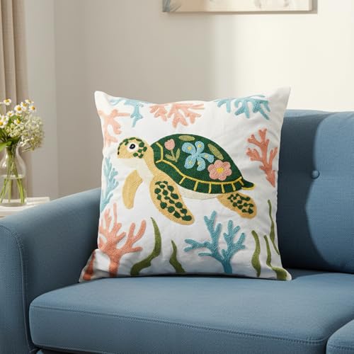 Coastal Sea Turtle Embroidered Throw Pillow Cover 18x18 Inch Beach Decor