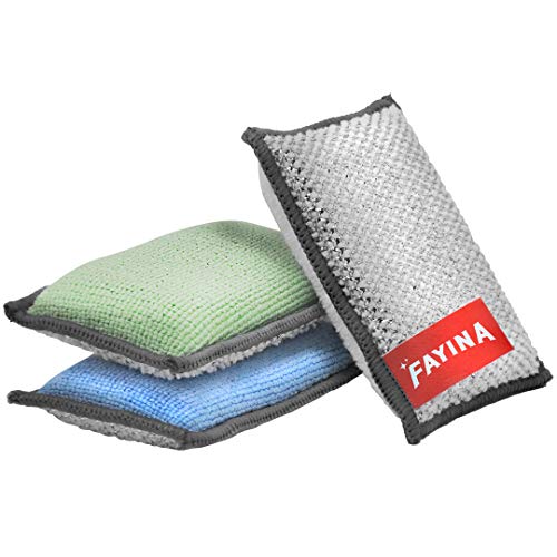 FAYINA Dual-Sided Microfiber Dish Sponge & Scrubber - 3 Pack Non-Scratch