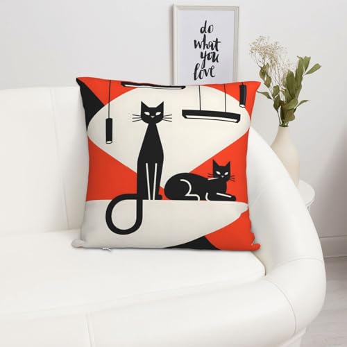 Mid-Century Modern Black Cat Throw Pillow Cover 18"x18"
