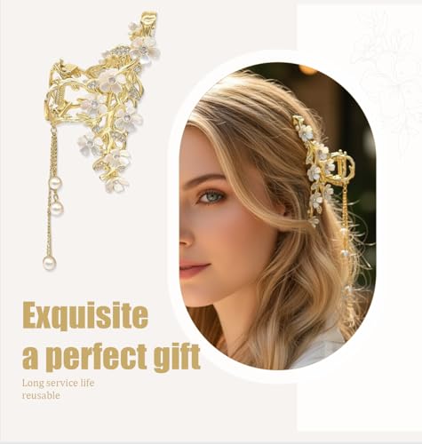 Gold Flower Hair Claw Clip with Pearl Tassel and Rhinestones for Thick Hair