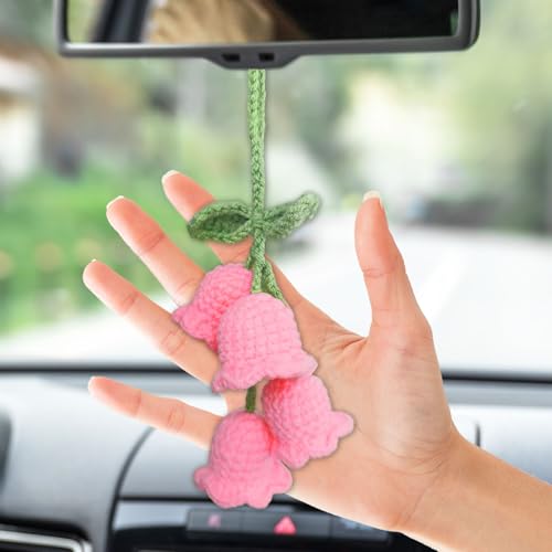 Zelaxeyi Handmade Crochet Pink Lily of the Valley Car Rearview Mirror Ornament