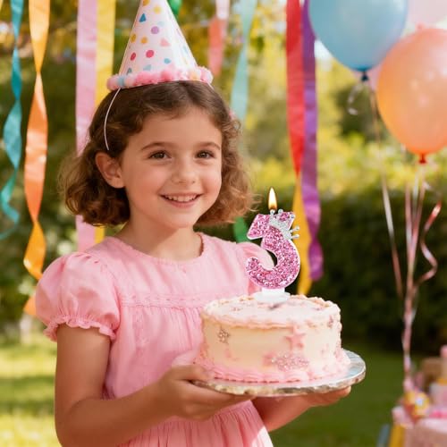 AndiluluBear Pink Number 3 Birthday Candle with Glitter Crown - Princess Cake Topper