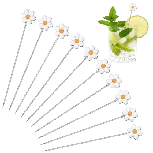 Qinyoung 10 Pcs Daisy Cocktail Picks - 4.7 Inch Metal Toothpicks