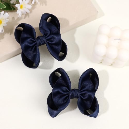 OAOLEER 3.5 Inch Navy Satin Ribbon Hair Bows with Alligator Clips 2PCS