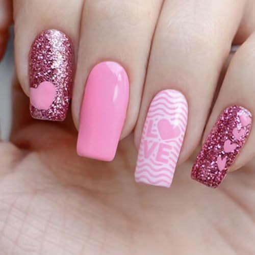 Pink Heart Press on Nails Medium Square Fake Nails with Glitter
