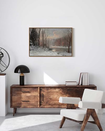 Vintage Canvas Wall Art - Snow Stream River Farmhouse Landscape, 30 x 20 Inches - Winter Scene